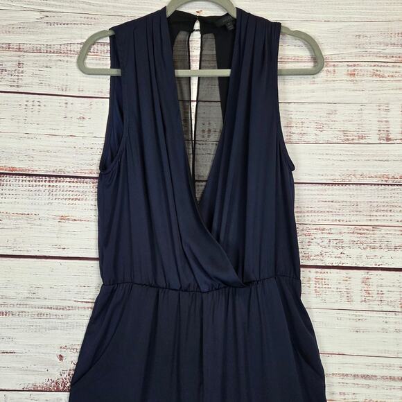 Aryn K Pack a Plunge Jumpsuit M Navy Ink Blue Silky Sheer Back Surplice Bodice - Picture 5 of 16